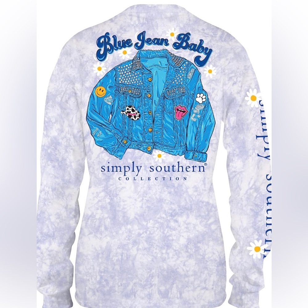 NWT Simply Southern blue tie dye blue Jean baby denim graphic long sleeve shirt